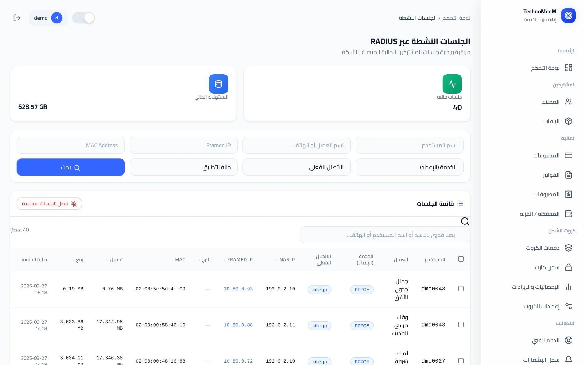 شاشة الجلسات النشطة: عدد المتصلين وإجمالي الاستهلاك، وجدول فيه كل جلسة بالراوتر والـIP ووقت البداية